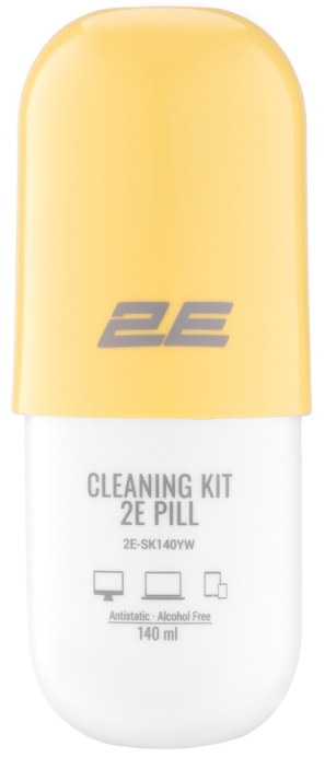 2E Cleaning kit PILL for office equipment (liquid 140ml, whipe 20cm), white-yellow