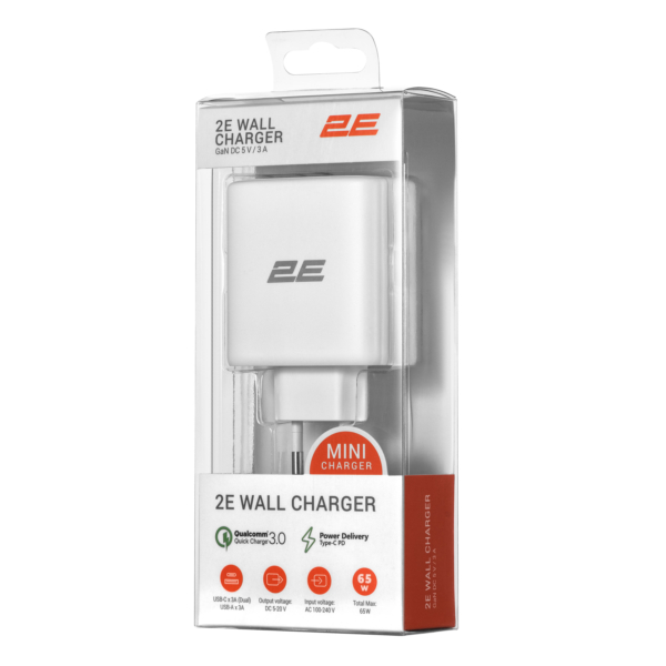 2E Wall Charger 65W 2хUSB-C/USB-A GAN PD/QC, white