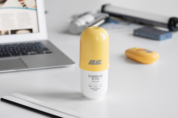 2E Cleaning kit PILL for office equipment (liquid 140ml, whipe 20cm), white-yellow