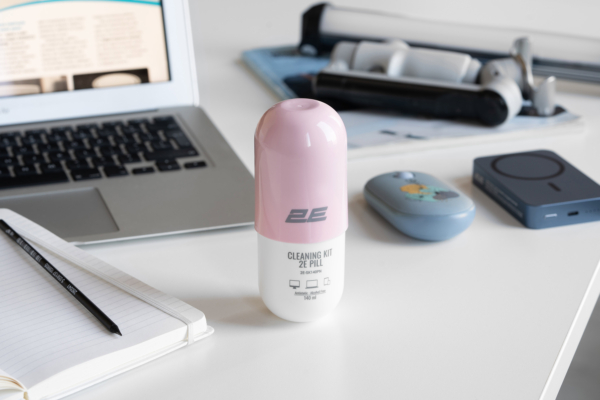 2E Cleaning kit PILL for office equipment (liquid 140ml, whipe 20cm), white-pink