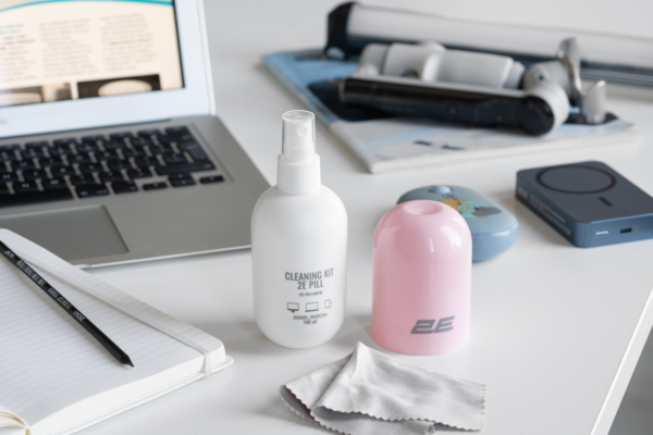 2E Cleaning kit PILL for office equipment (liquid 140ml, whipe 20cm), white-pink