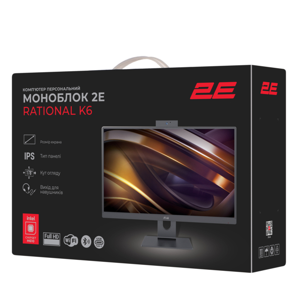 2E Комп’ютер персональний моноблок Rational K6 23.8″ FHD IPS Intel i3-12100, 16Gb, F256GB, UMA, H610, K6.610, 120W, Win11P, чорний