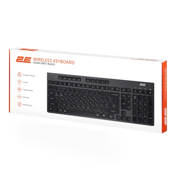 2E Клавиатура мембранная KS280 120key, WL/BT, EN/UK/RU, silent, чёрно-серая